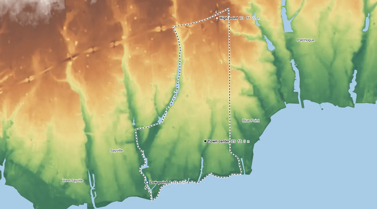 Topographic elevation map of Bayport, New York, shaded from sea level level on Great South Bay to 73 ft on the north side