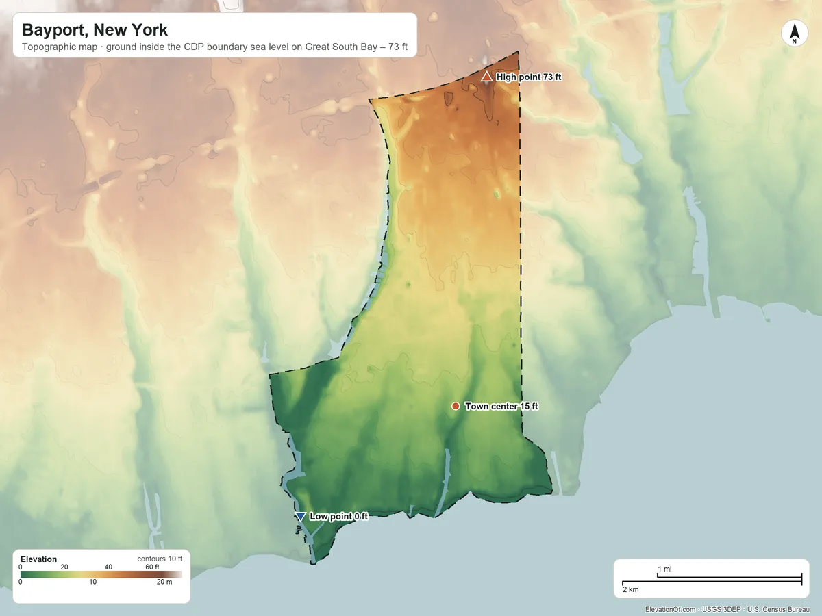 Topographic elevation map of Bayport, New York, shaded from sea level level on Great South Bay to 73 ft on the north side