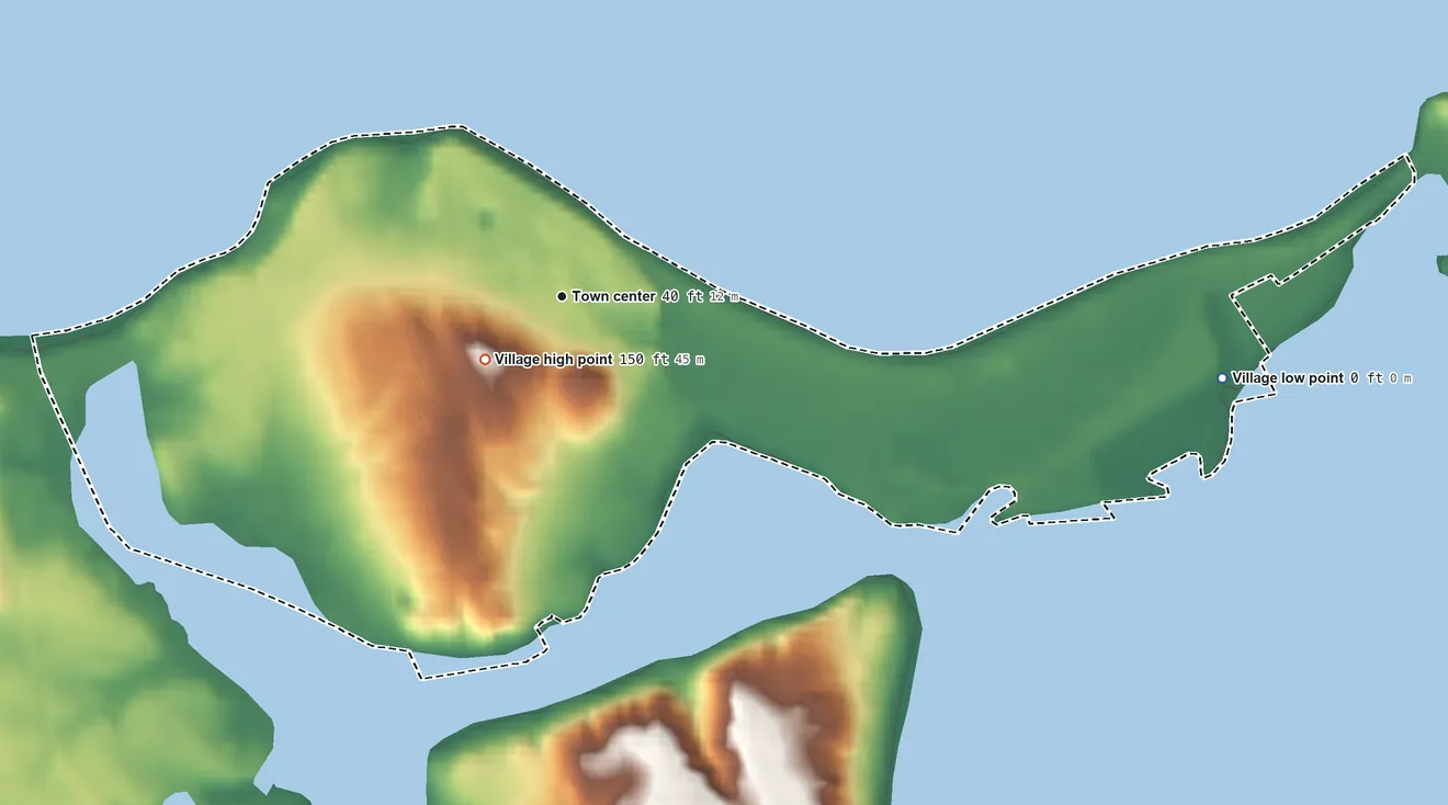 Topographic elevation map of Bayville, New York, shaded from sea level level on Oyster Bay to 150 ft near the middle