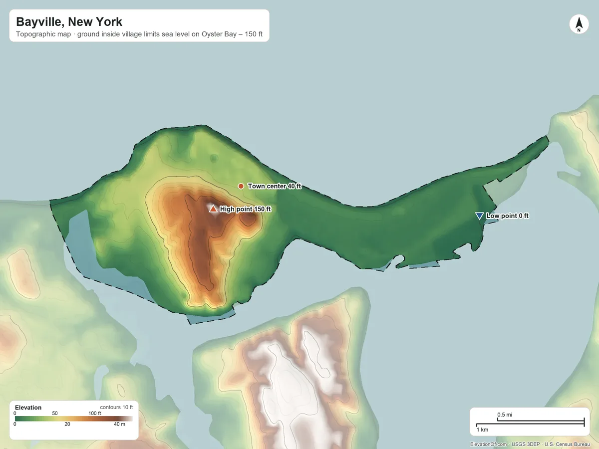 Topographic elevation map of Bayville, New York, shaded from sea level level on Oyster Bay to 150 ft near the middle
