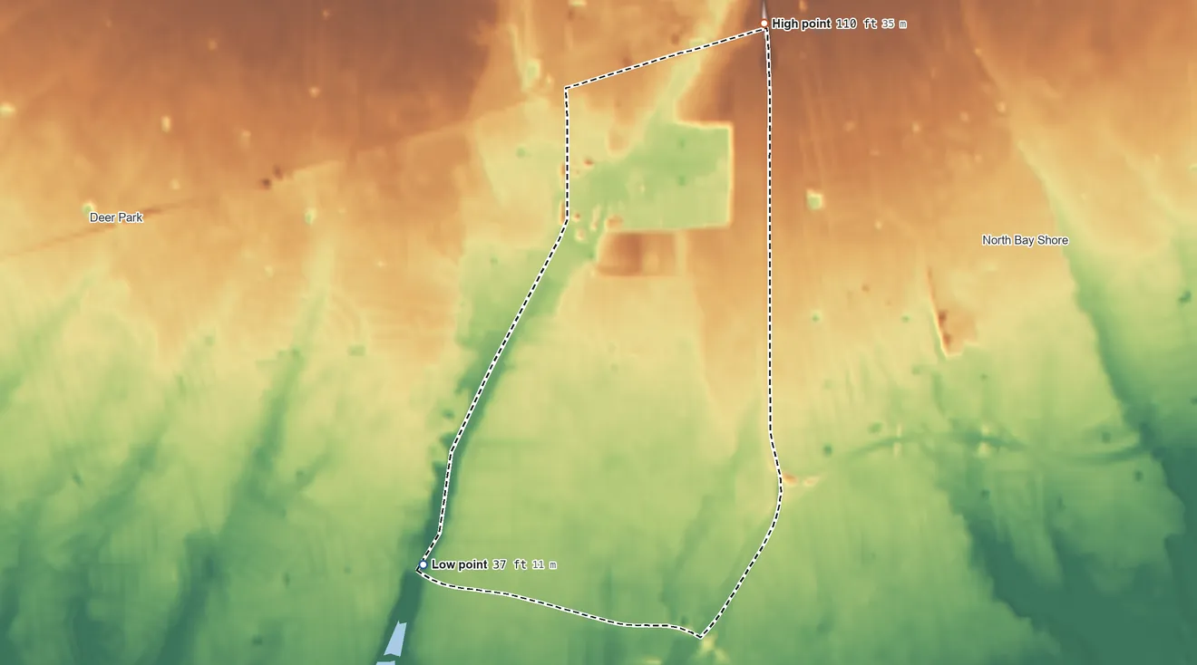 Topographic elevation map of Baywood, New York, shaded from 37 ft on the southwest side to 110 ft on the north side