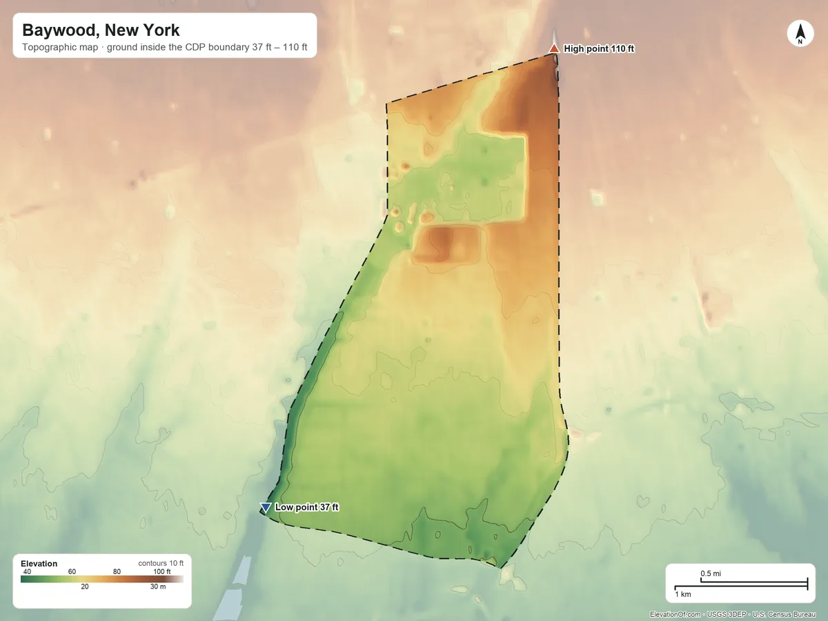 Topographic elevation map of Baywood, New York, shaded from 37 ft on the southwest side to 110 ft on the north side
