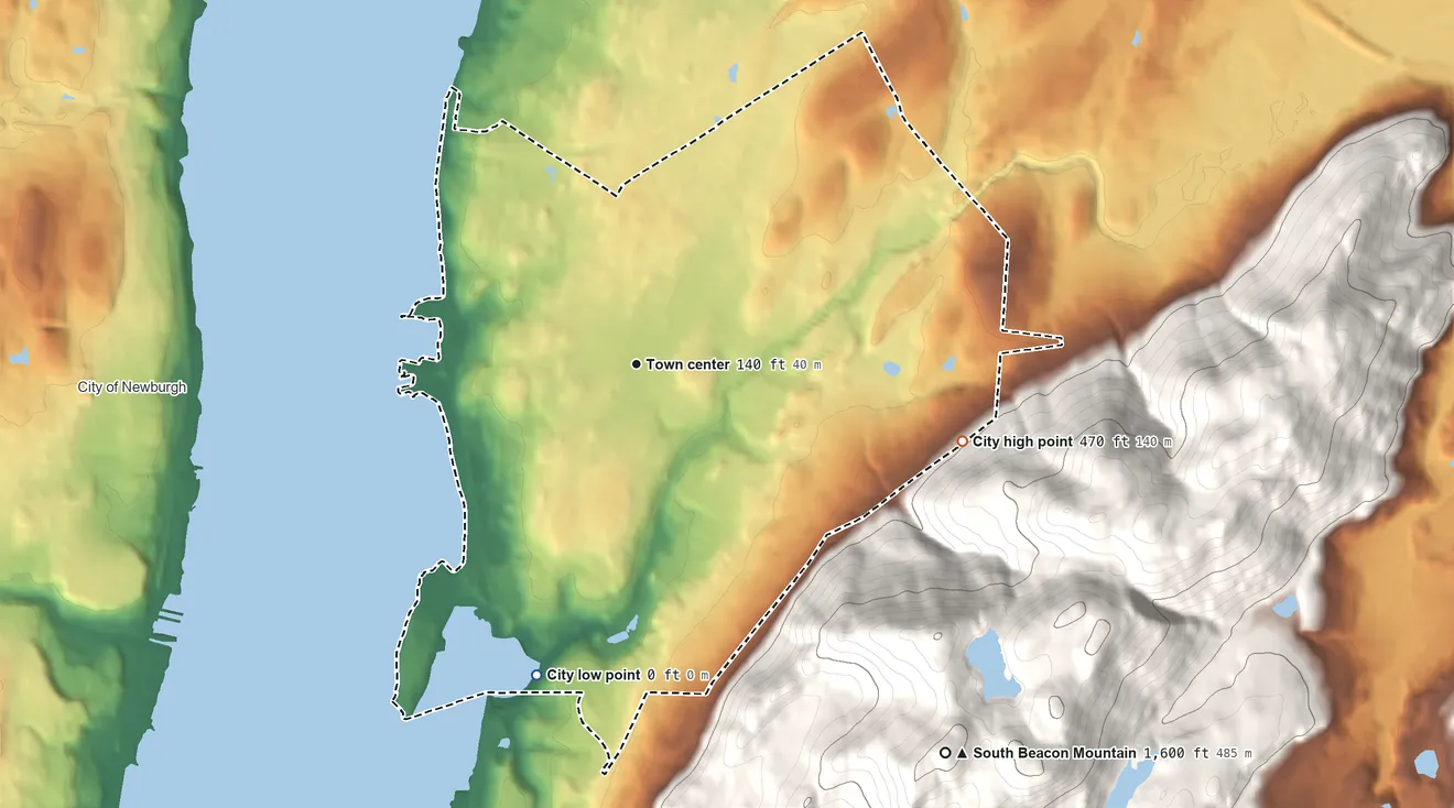 Topographic elevation map of Beacon, New York, shaded from sea level level on Fishkill Creek Bay to 470 ft at the foot of the Marlboro Mountains