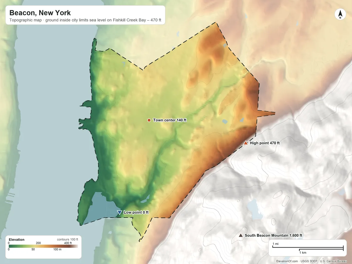 Topographic elevation map of Beacon, New York, shaded from sea level level on Fishkill Creek Bay to 470 ft at the foot of the Marlboro Mountains