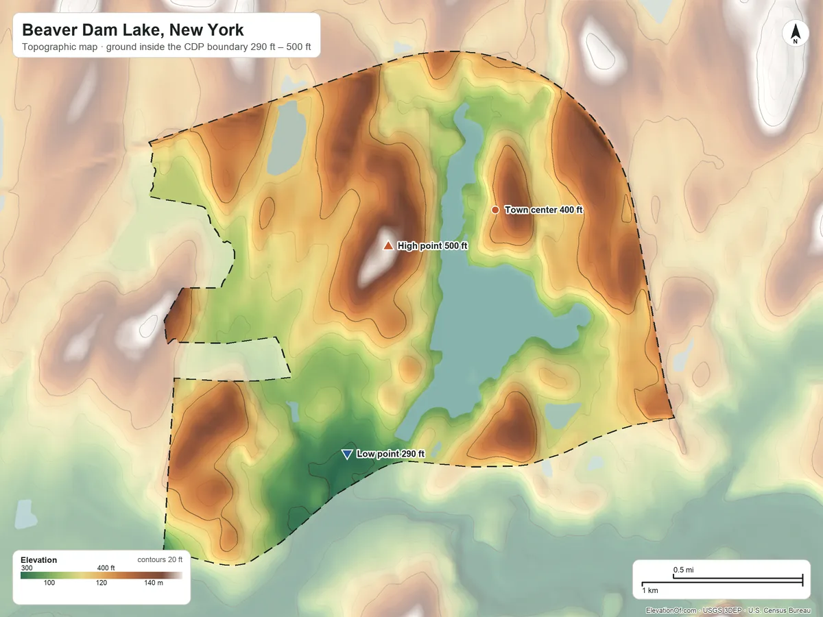 Topographic elevation map of Beaver Dam Lake, New York, shaded from 290 ft on the southwest side to 500 ft on the west side