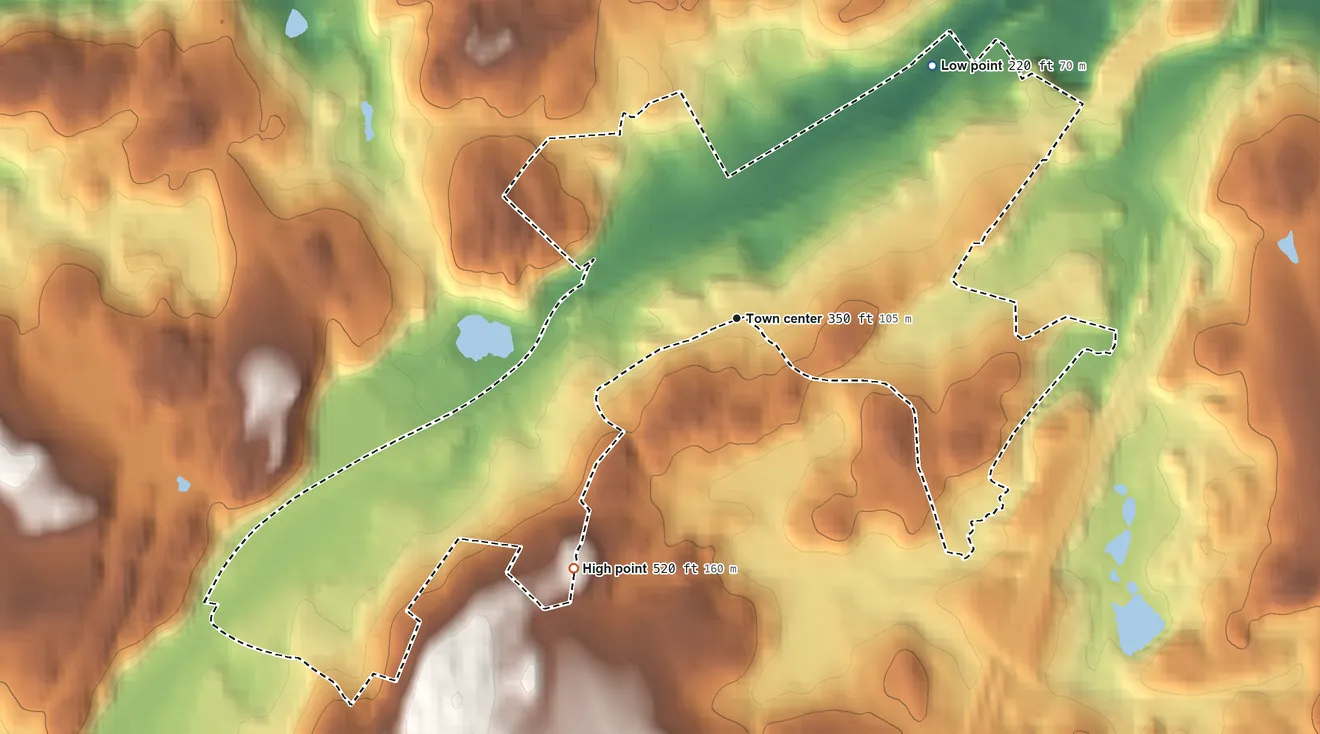 Topographic elevation map of Bedford Hills, New York, shaded from 220 ft on the northeast side to 520 ft on the southwest side