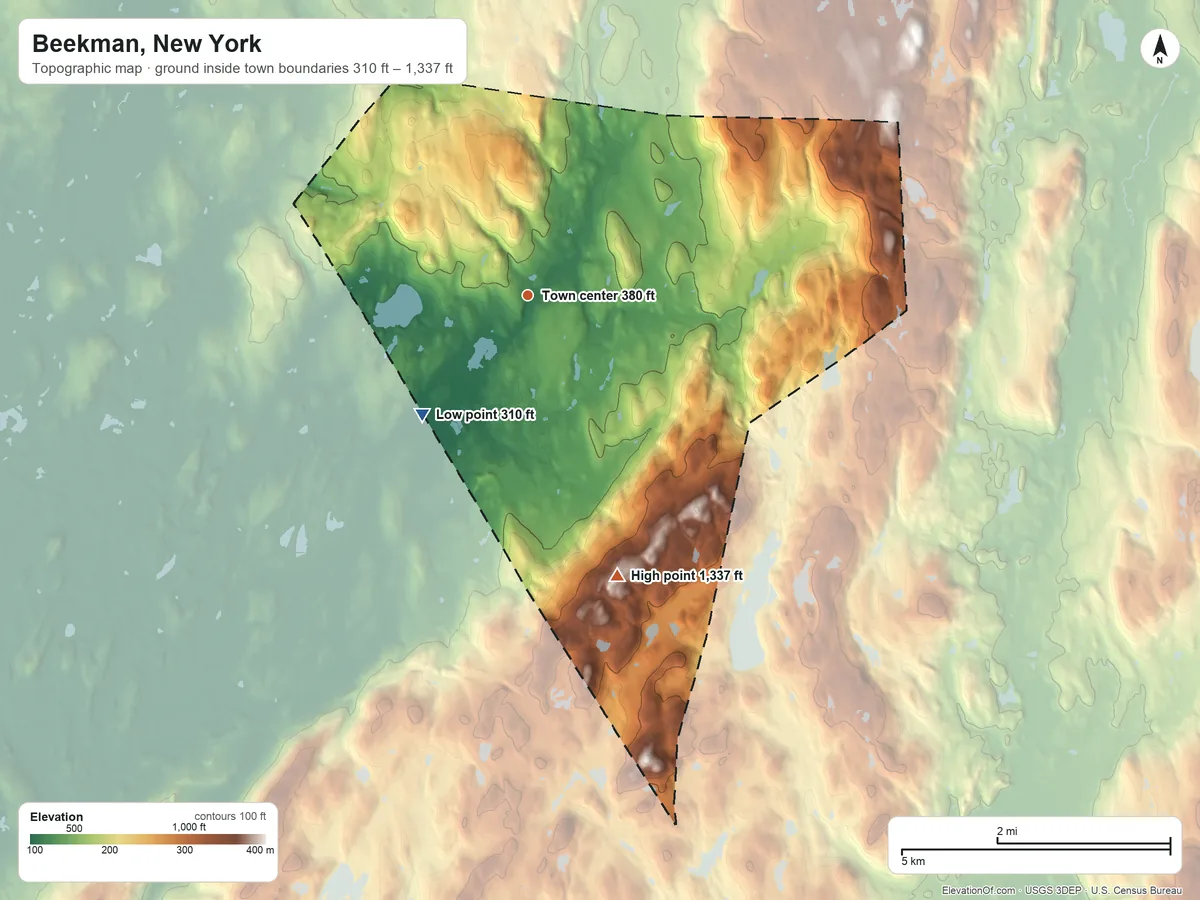 Topographic elevation map of Beekman, New York, shaded from 310 ft on the southwest side to 1,337 ft on Depot Hill