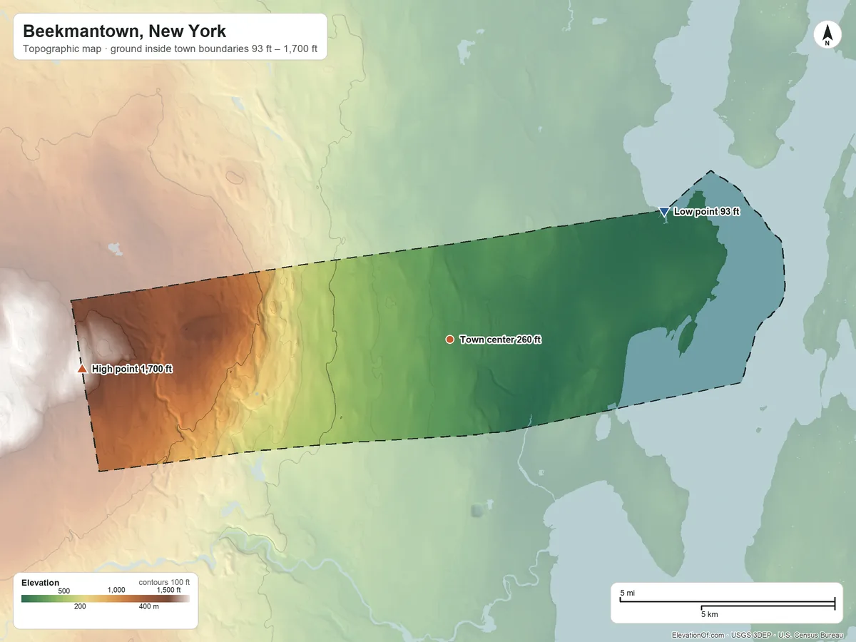 Topographic elevation map of Beekmantown, New York, shaded from 93 ft on the northeast side to 1,700 ft on the west side
