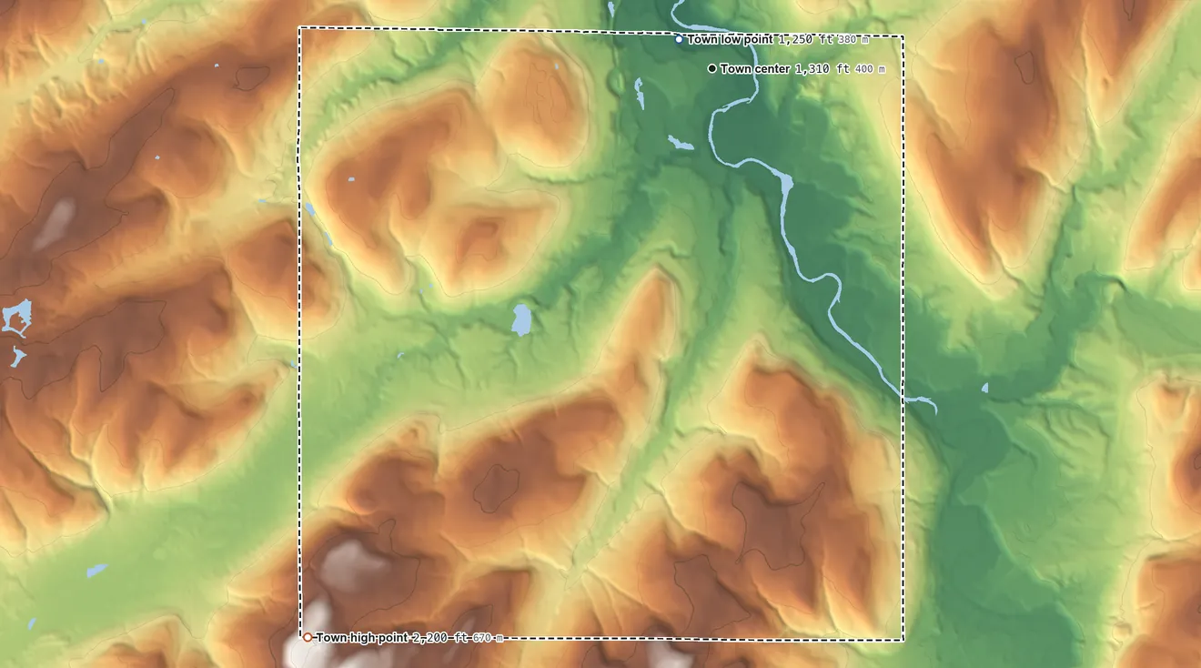 Topographic elevation map of Belfast, New York, shaded from 1,250 ft near the middle to 2,200 ft on the southwest side