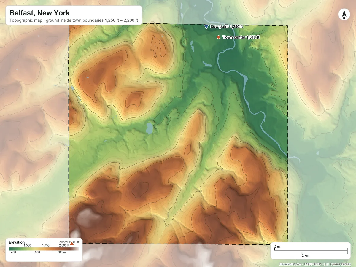 Topographic elevation map of Belfast, New York, shaded from 1,250 ft near the middle to 2,200 ft on the southwest side
