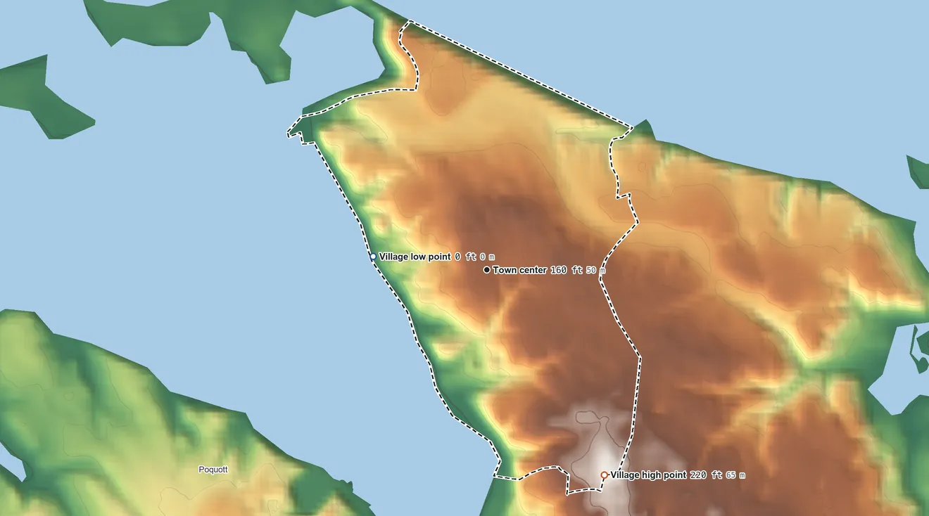 Topographic elevation map of Belle Terre, New York, shaded from sea level level on Port Jefferson Harbor to 220 ft on the southeast side