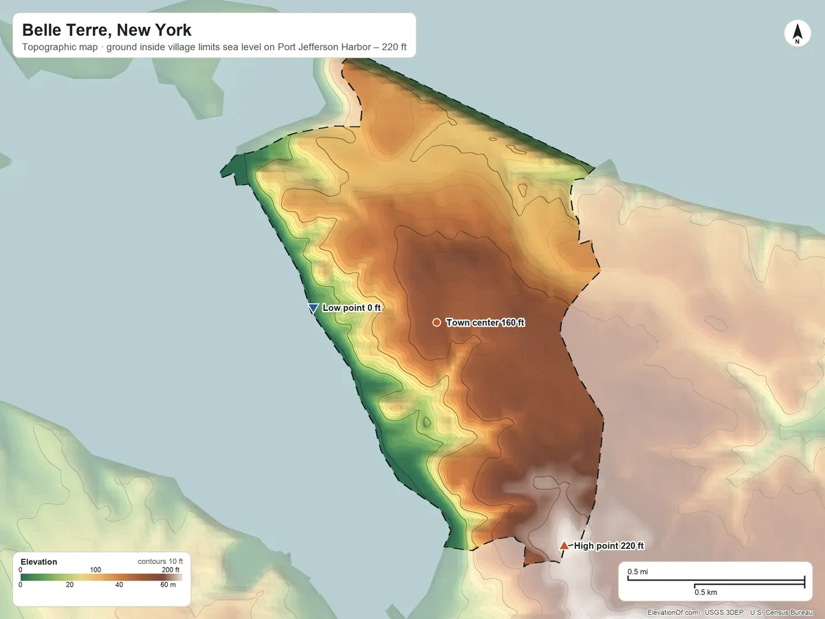 Topographic elevation map of Belle Terre, New York, shaded from sea level level on Port Jefferson Harbor to 220 ft on the southeast side