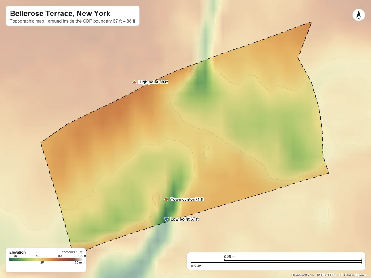 Topographic elevation map of Bellerose Terrace, New York, shaded from 67 ft near the middle to 88 ft on the north side