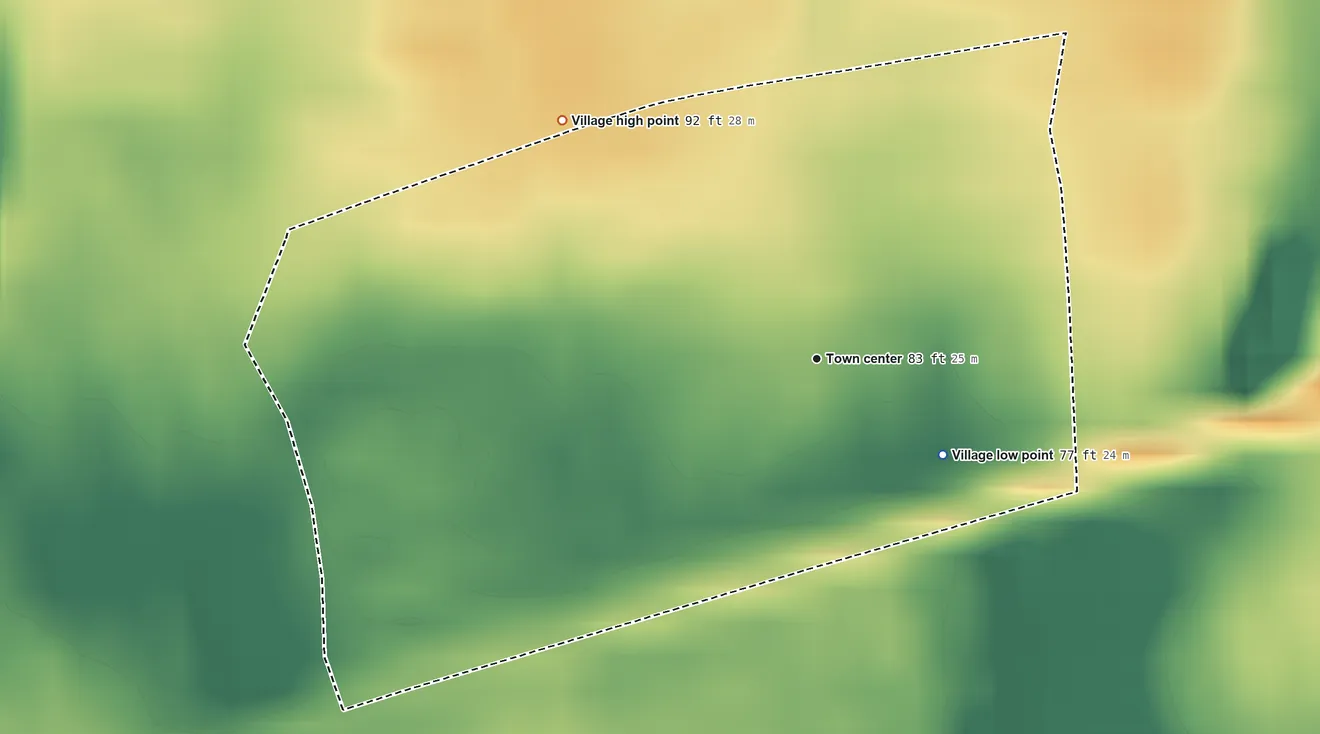 Topographic elevation map of Bellerose, New York, shaded from 77 ft on the southeast side to 92 ft on the northwest side