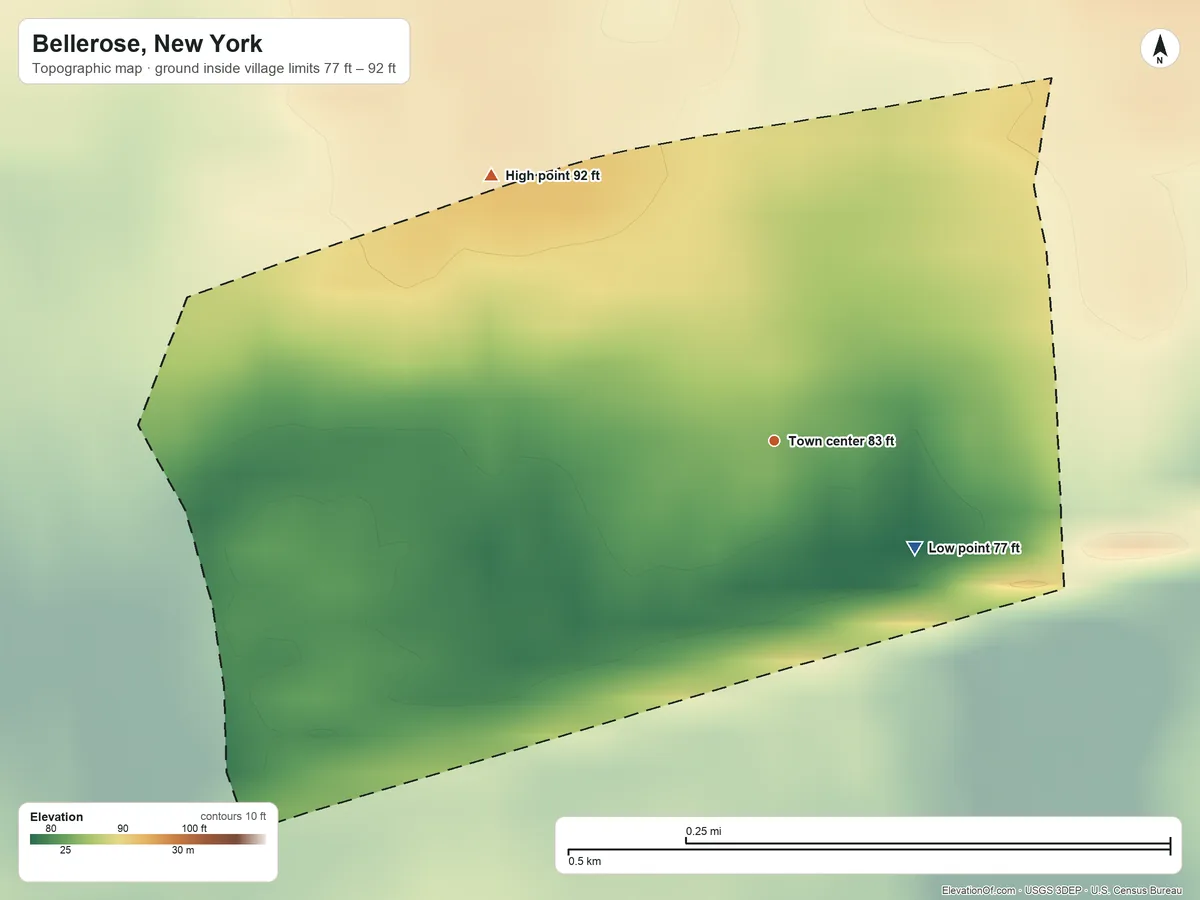 Topographic elevation map of Bellerose, New York, shaded from 77 ft on the southeast side to 92 ft on the northwest side
