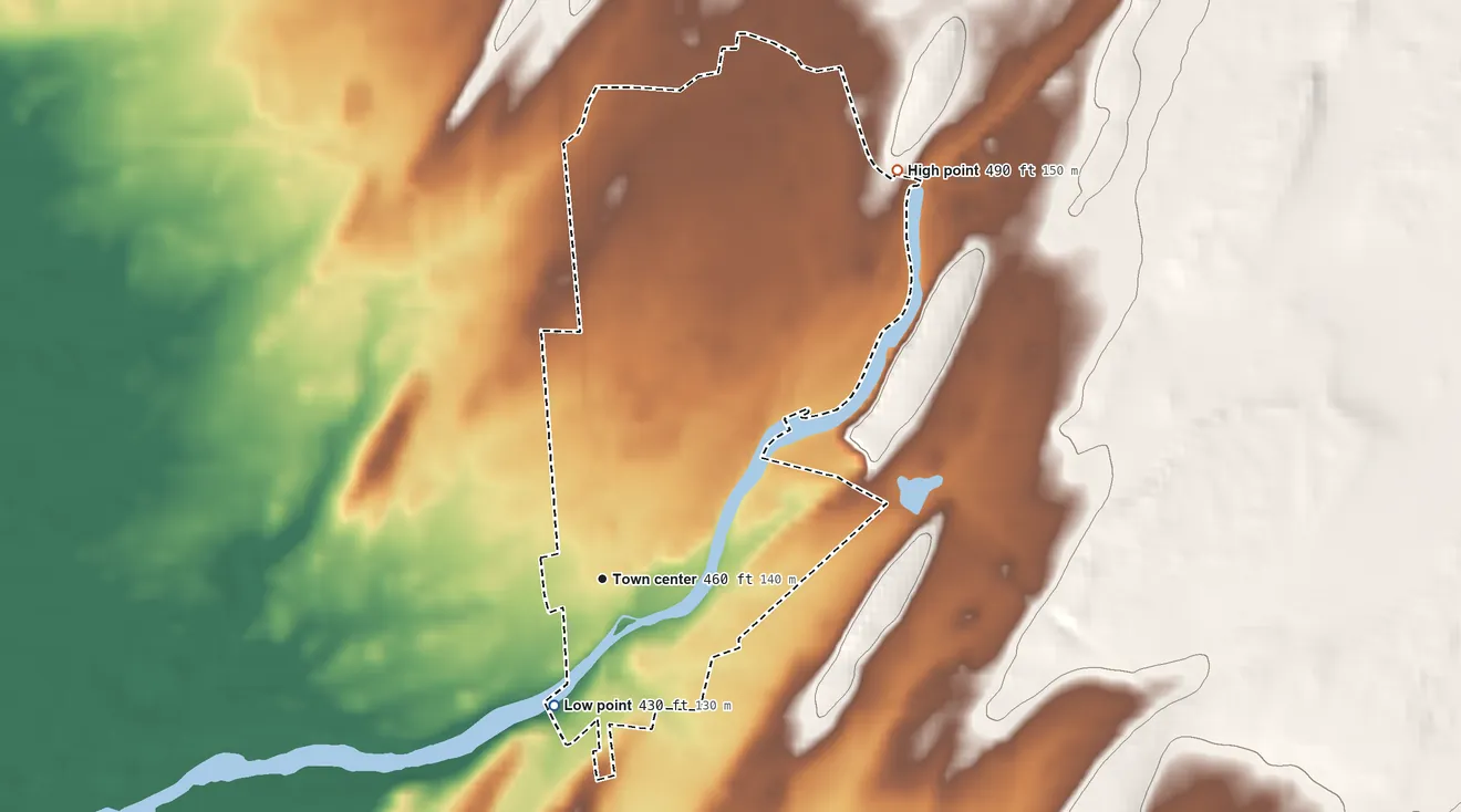 Topographic elevation map of Belleville, New York, shaded from 430 ft on the south side to 490 ft on the northeast side