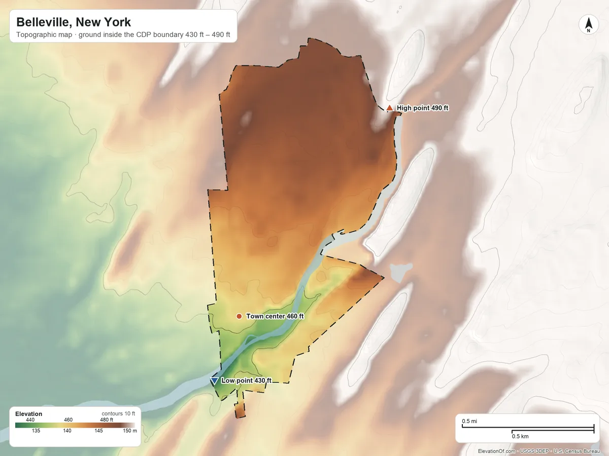 Topographic elevation map of Belleville, New York, shaded from 430 ft on the south side to 490 ft on the northeast side