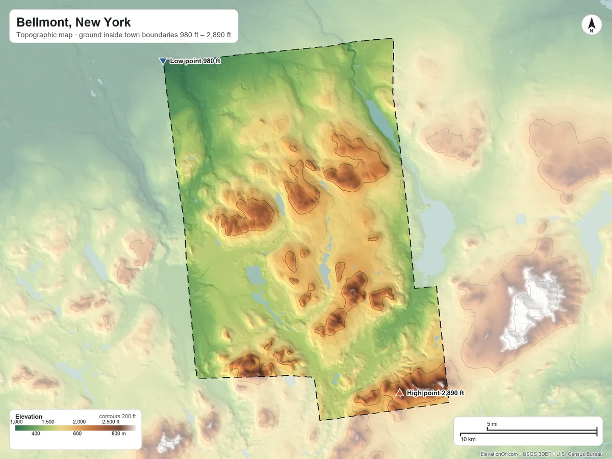 Topographic elevation map of Bellmont, New York, shaded from 980 ft on the northwest side to 2,890 ft on Haystack Mountain