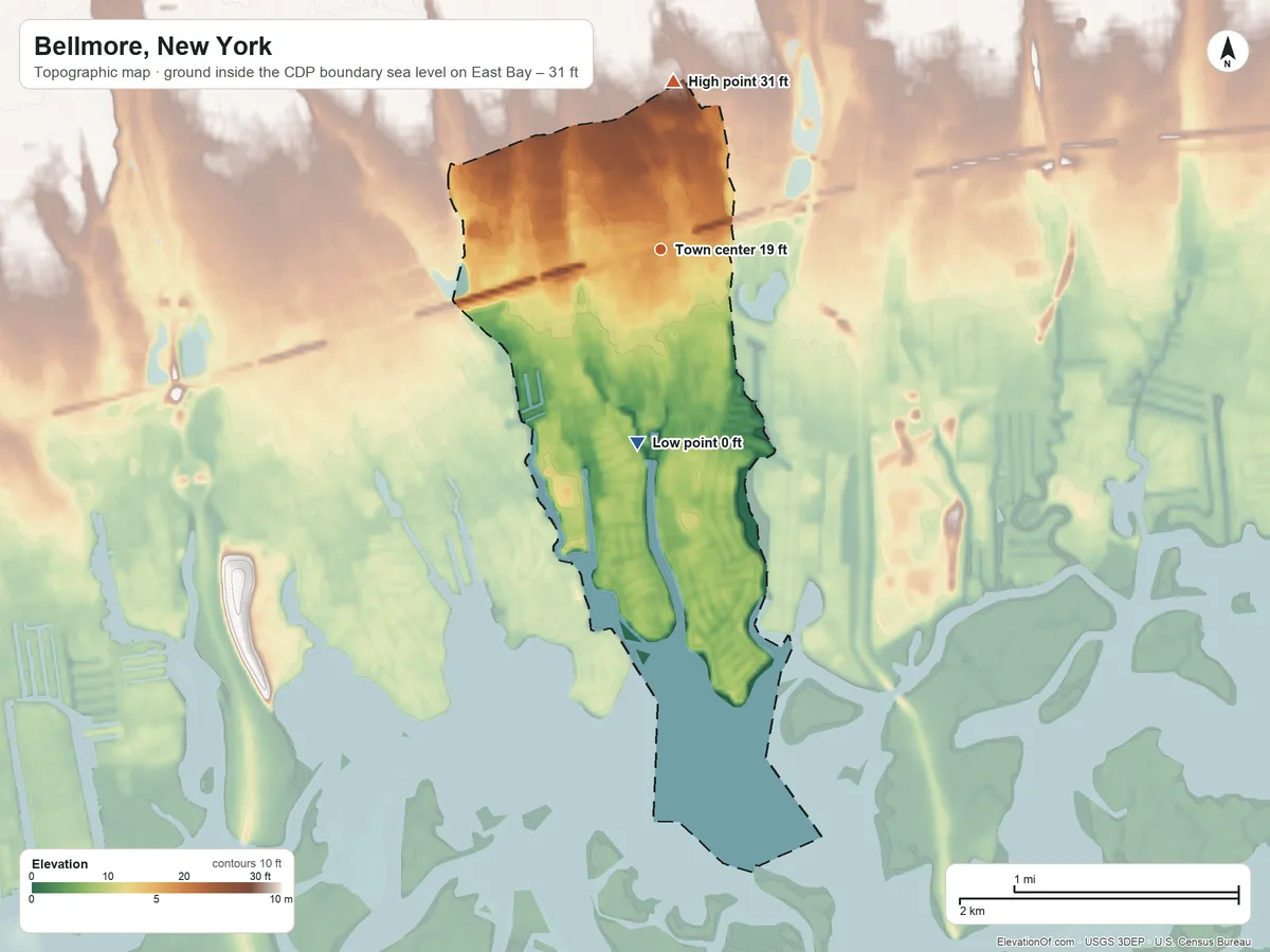 Topographic elevation map of Bellmore, New York, shaded from sea level level on East Bay to 31 ft on the north side