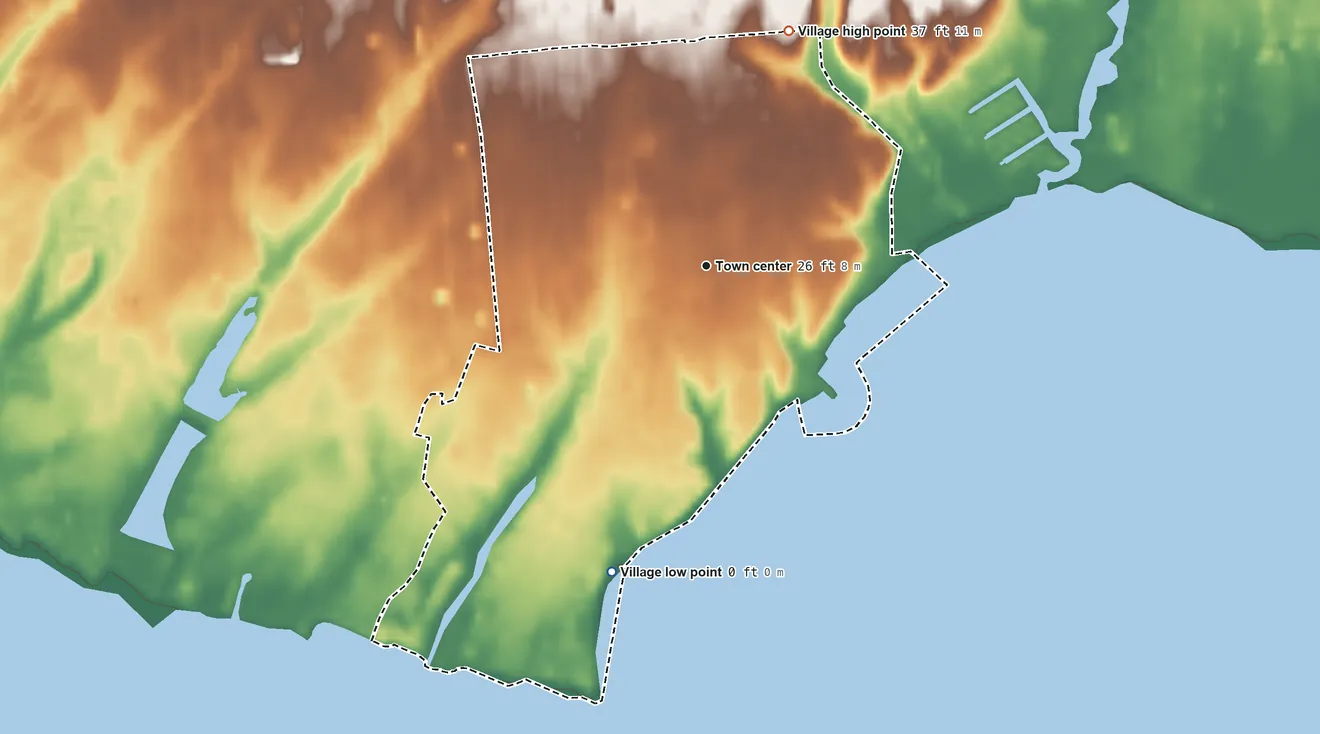 Topographic elevation map of Bellport, New York, shaded from sea level level on Great South Bay to 37 ft on the north side
