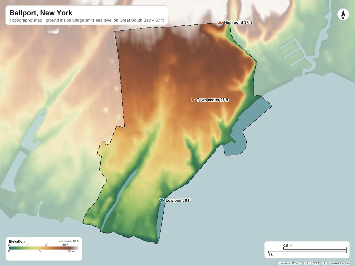Topographic elevation map of Bellport, New York, shaded from sea level level on Great South Bay to 37 ft on the north side