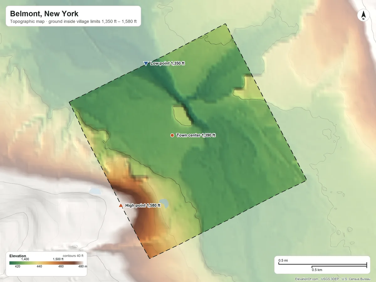 Topographic elevation map of Belmont, New York, shaded from 1,350 ft on the north side to 1,580 ft on the southwest edge, below higher ground just outside