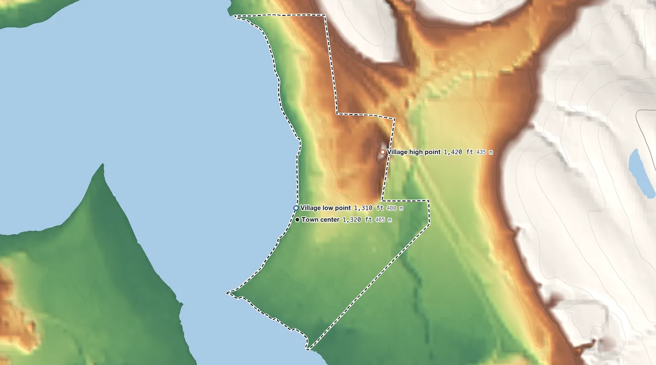 Topographic elevation map of Bemus Point, New York, shaded from 1,310 ft near the middle to 1,420 ft on the northeast side