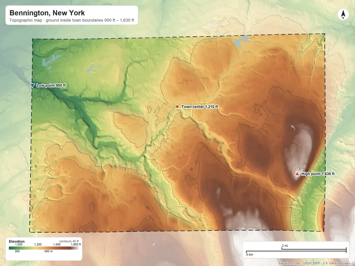 Topographic elevation map of Bennington, New York, shaded from 900 ft on the west side to 1,630 ft on Orr Hill