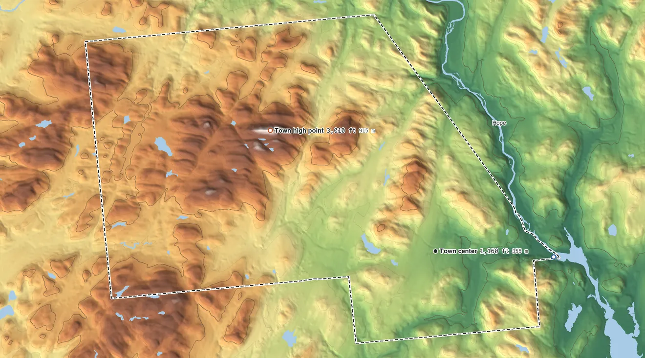 Topographic elevation map of Benson, New York, shaded from 770 ft on the east side to 3,010 ft on Three Ponds Mountain