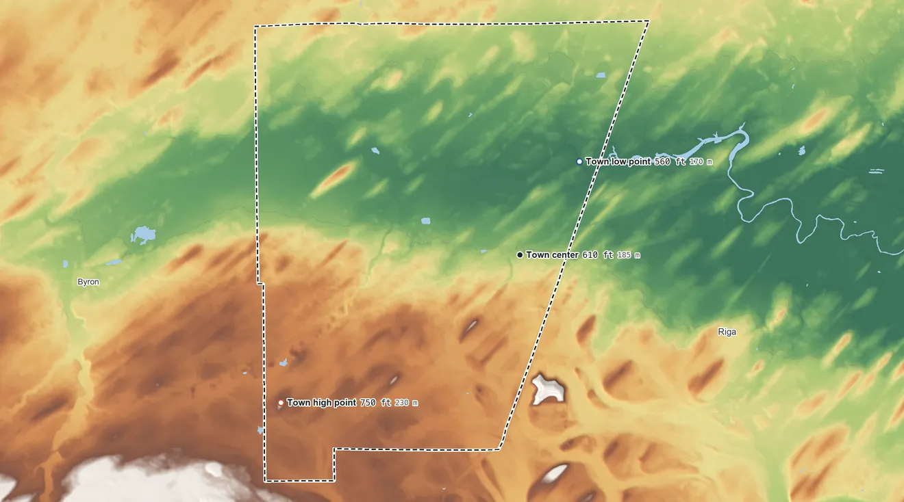 Topographic elevation map of Bergen, New York, shaded from 560 ft on the northeast side to 750 ft on the southwest side