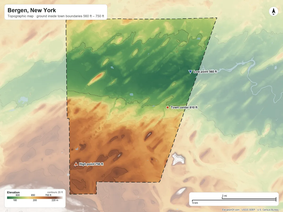 Topographic elevation map of Bergen, New York, shaded from 560 ft on the northeast side to 750 ft on the southwest side