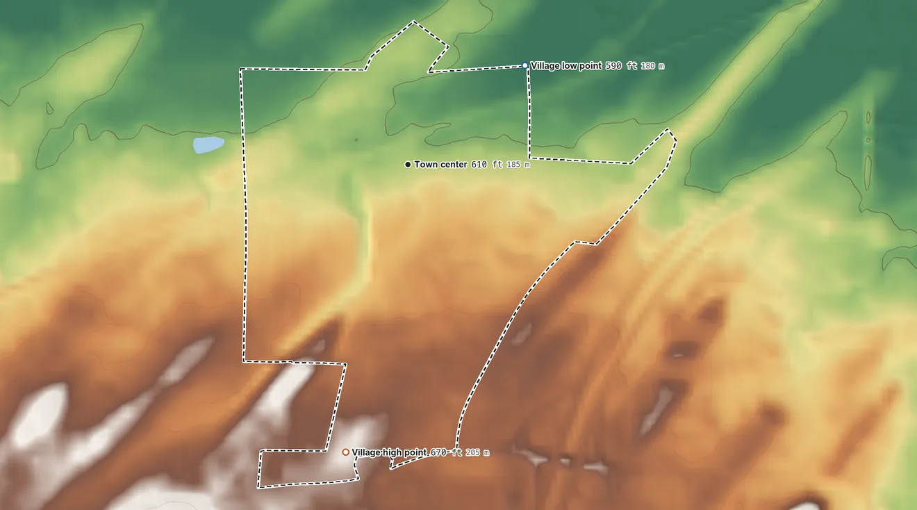 Topographic elevation map of Village of Bergen, New York, shaded from 590 ft on the northeast side to 670 ft on the south side