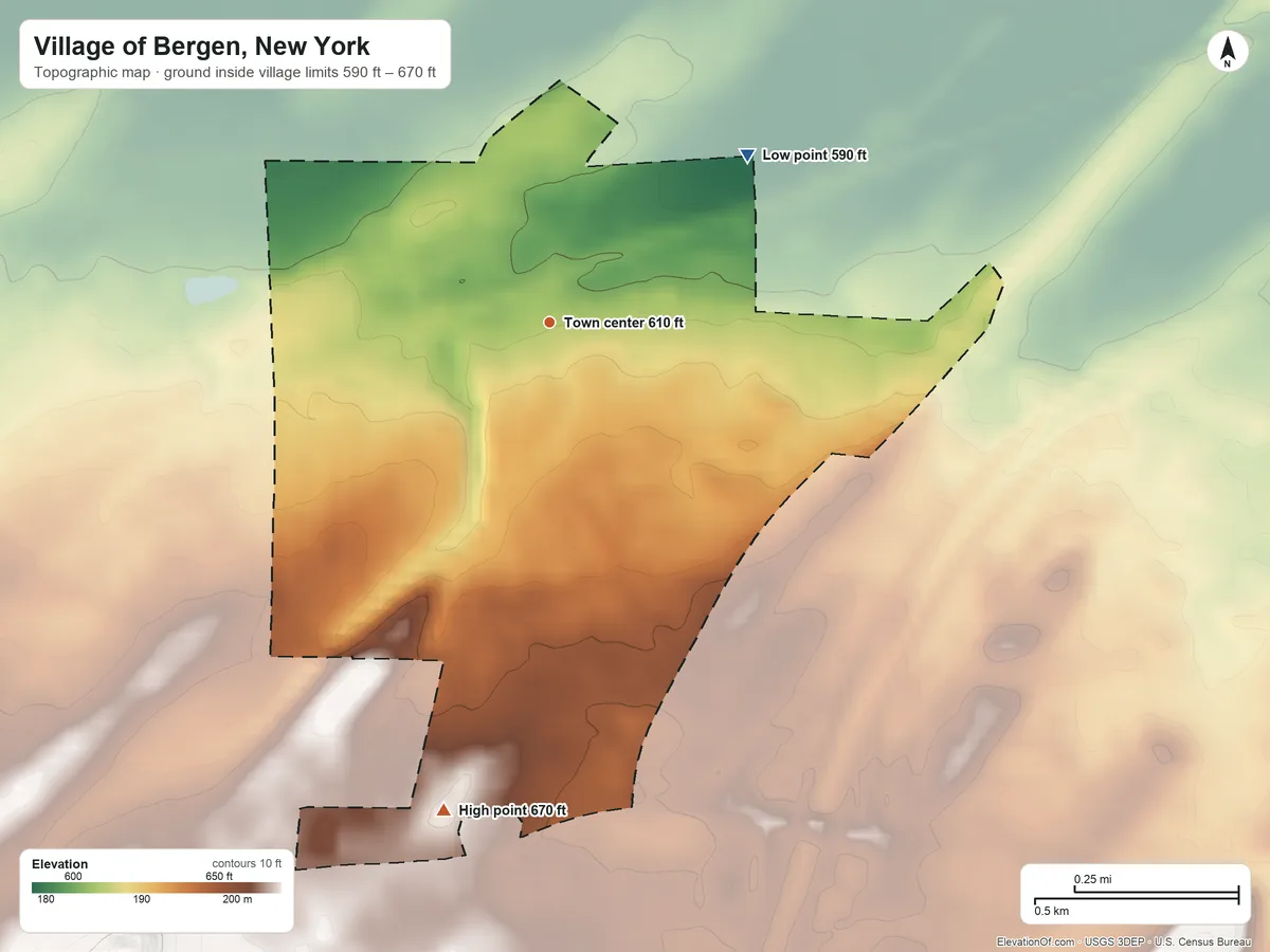 Topographic elevation map of Village of Bergen, New York, shaded from 590 ft on the northeast side to 670 ft on the south side