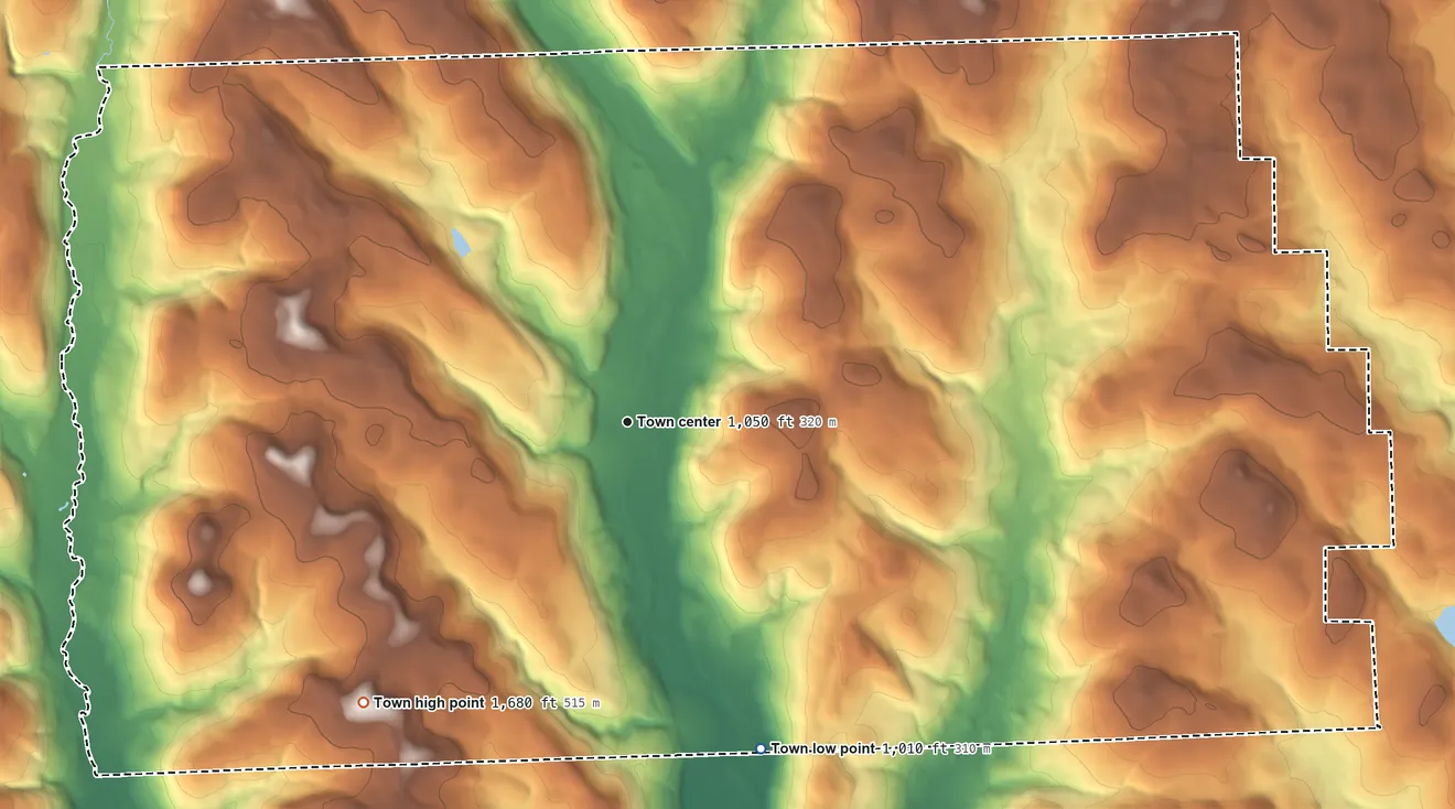 Topographic elevation map of Berkshire, New York, shaded from 1,010 ft on the south side to 1,680 ft on the southwest side