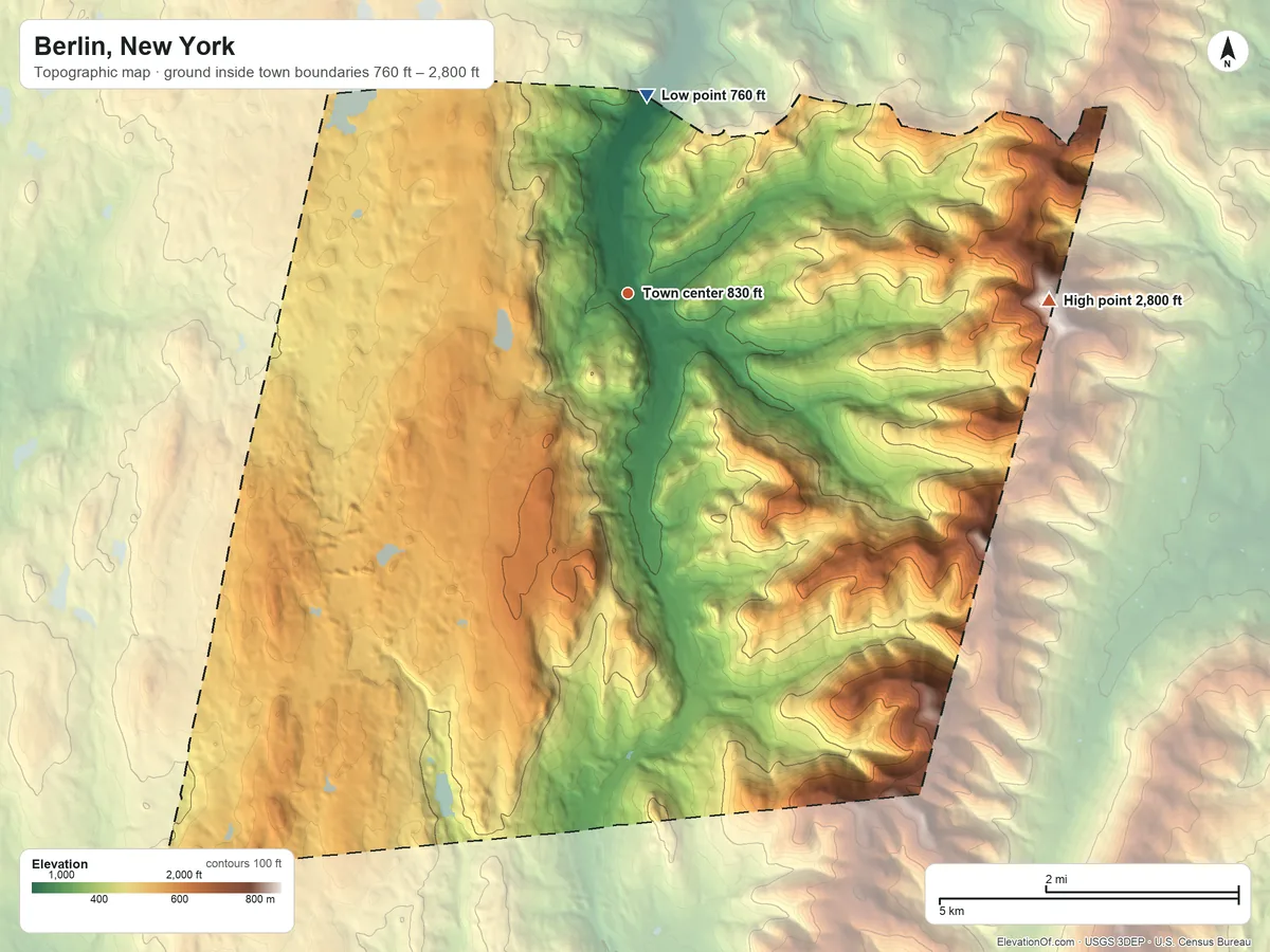 Topographic elevation map of Berlin, New York, shaded from 760 ft on the north side to 2,800 ft on Berlin Mountain
