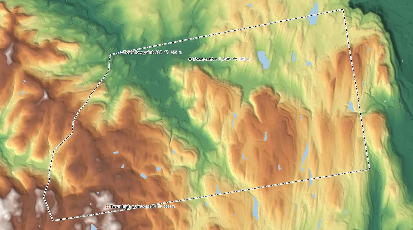 Topographic elevation map of Berne, New York, shaded from 910 ft on the west side to 2,160 ft on the southwest side