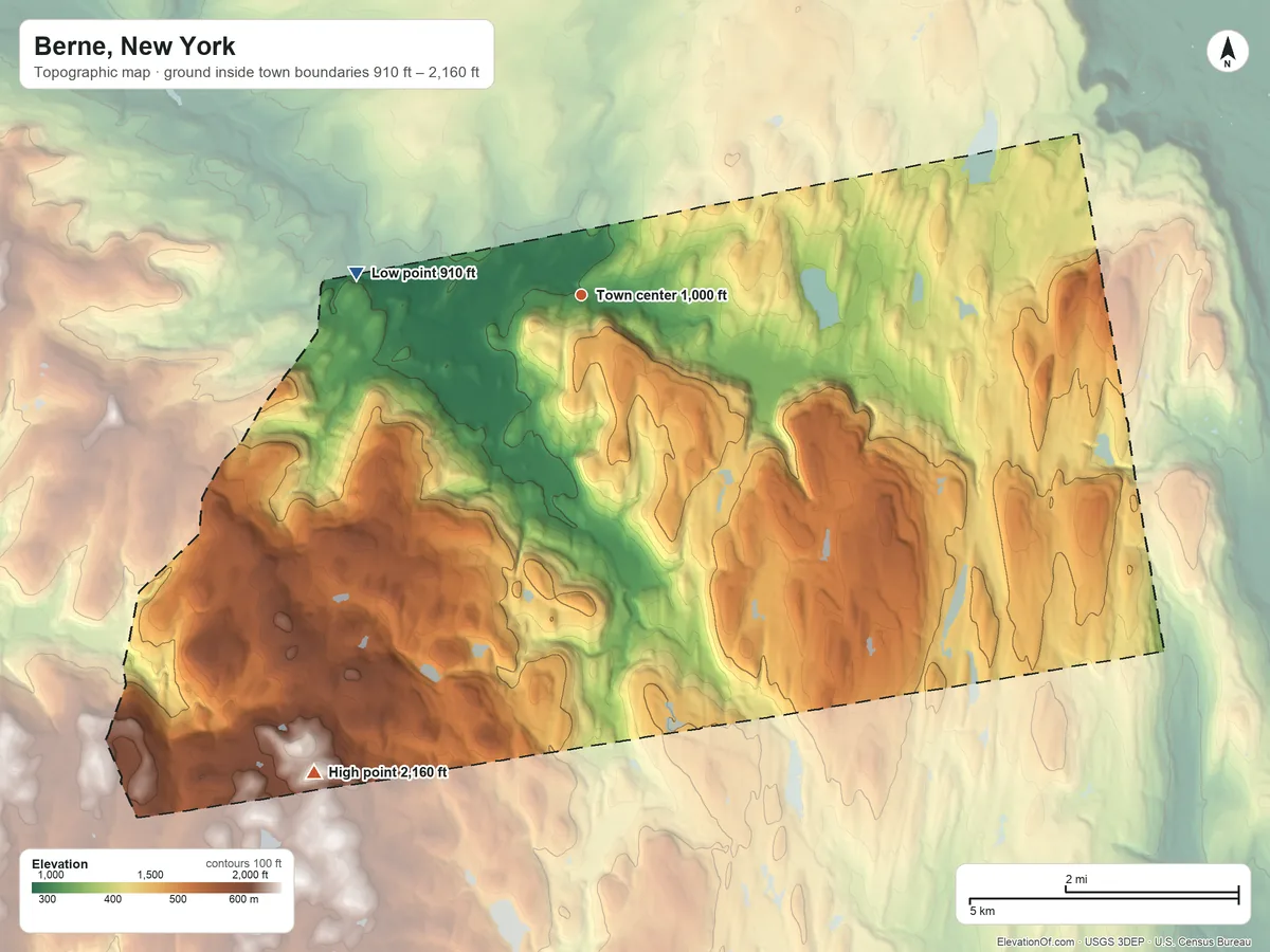 Topographic elevation map of Berne, New York, shaded from 910 ft on the west side to 2,160 ft on the southwest side