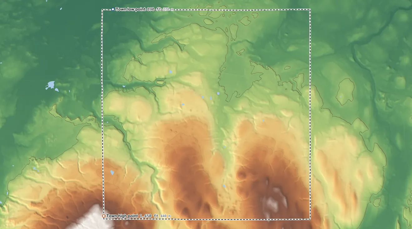 Topographic elevation map of Bethany, New York, shaded from 890 ft on the northwest side to 1,450 ft on the southwest side