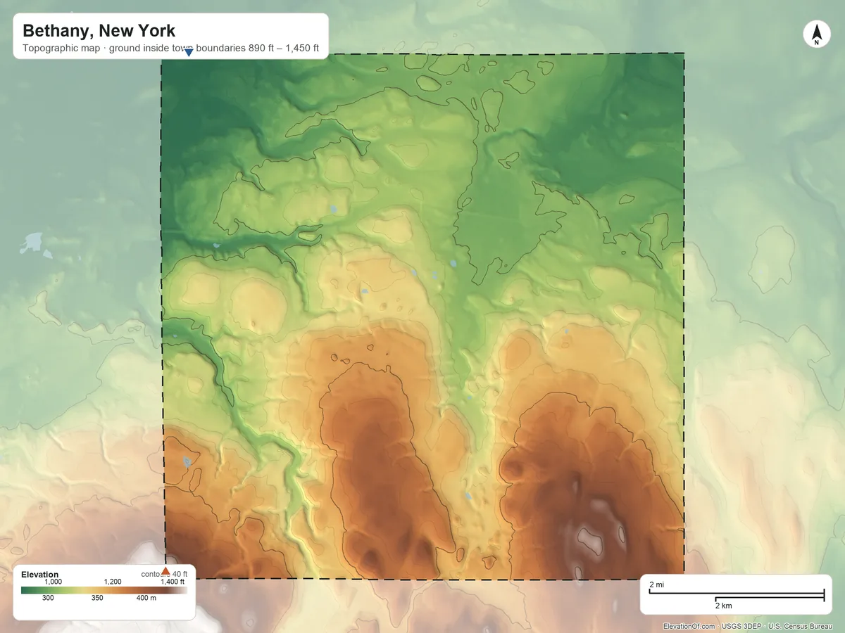 Topographic elevation map of Bethany, New York, shaded from 890 ft on the northwest side to 1,450 ft on the southwest side