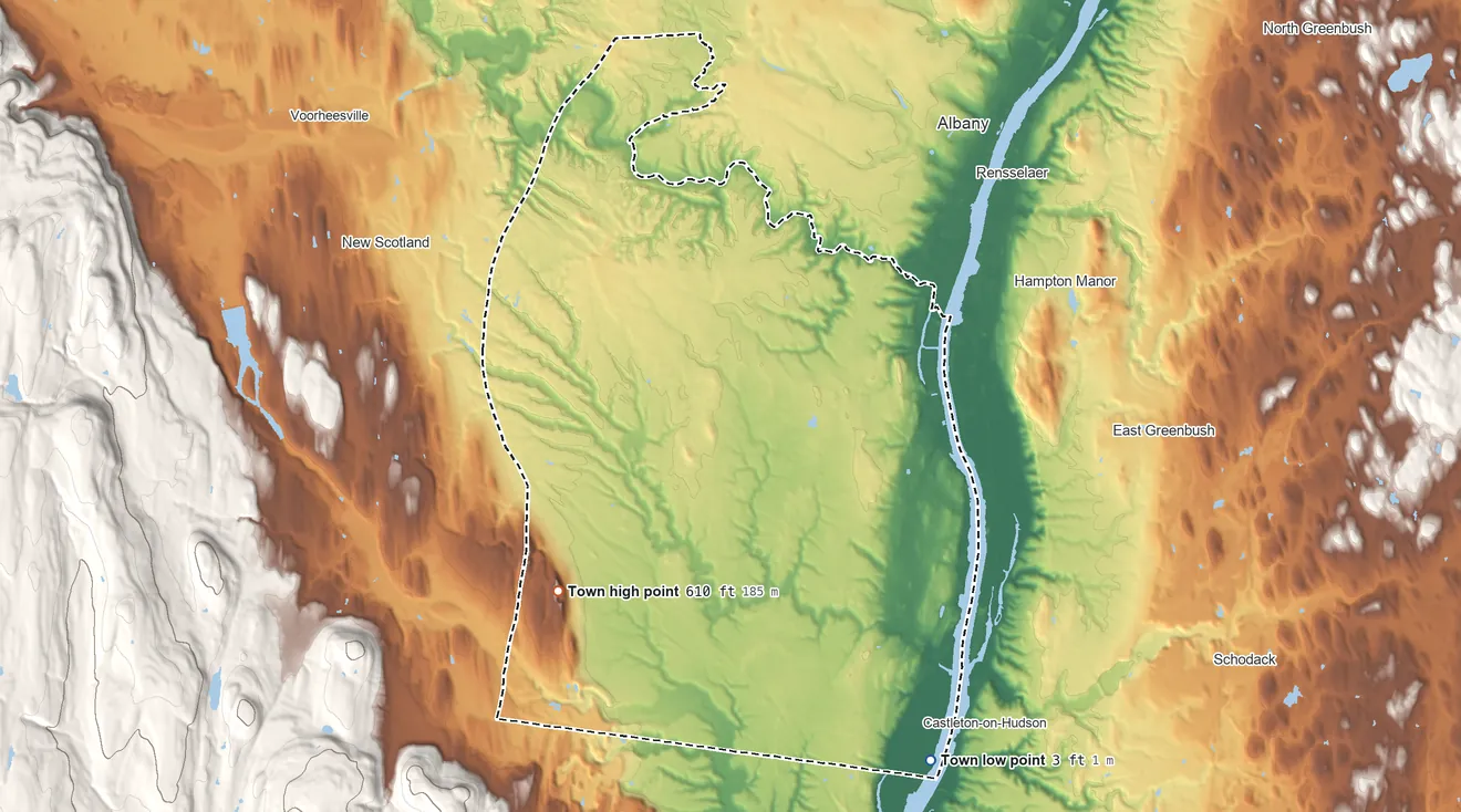 Topographic elevation map of Bethlehem, New York, shaded from 3 ft on the southeast side to 610 ft on the southwest side