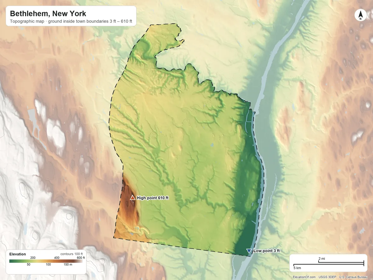 Topographic elevation map of Bethlehem, New York, shaded from 3 ft on the southeast side to 610 ft on the southwest side