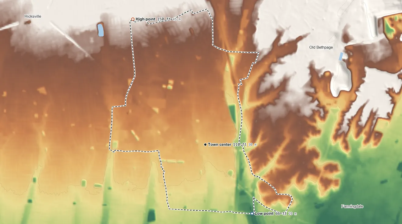 Topographic elevation map of Bethpage, New York, shaded from 66 ft on the southeast side to 150 ft on the northwest side