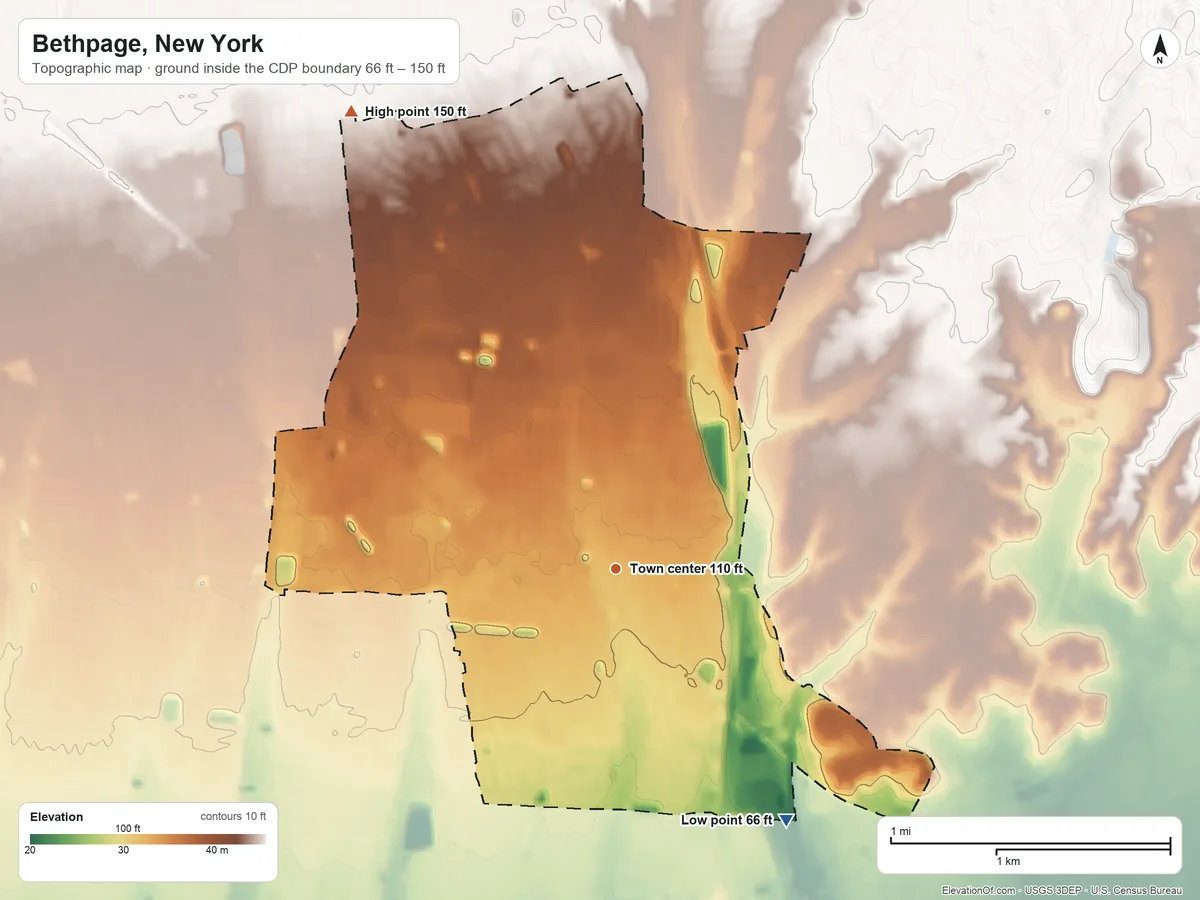 Topographic elevation map of Bethpage, New York, shaded from 66 ft on the southeast side to 150 ft on the northwest side