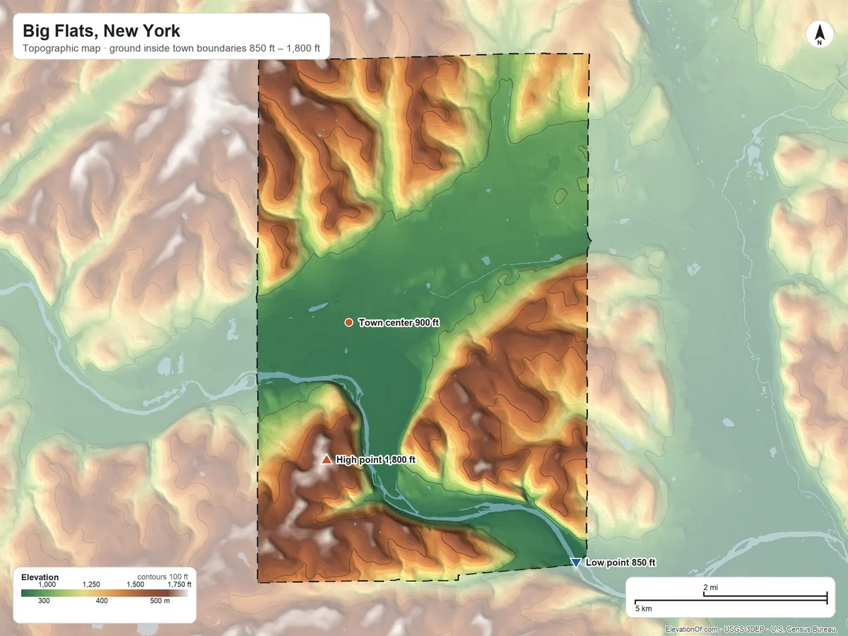 Topographic elevation map of Big Flats, New York, shaded from 850 ft on the southeast side to 1,800 ft on Steege Hill