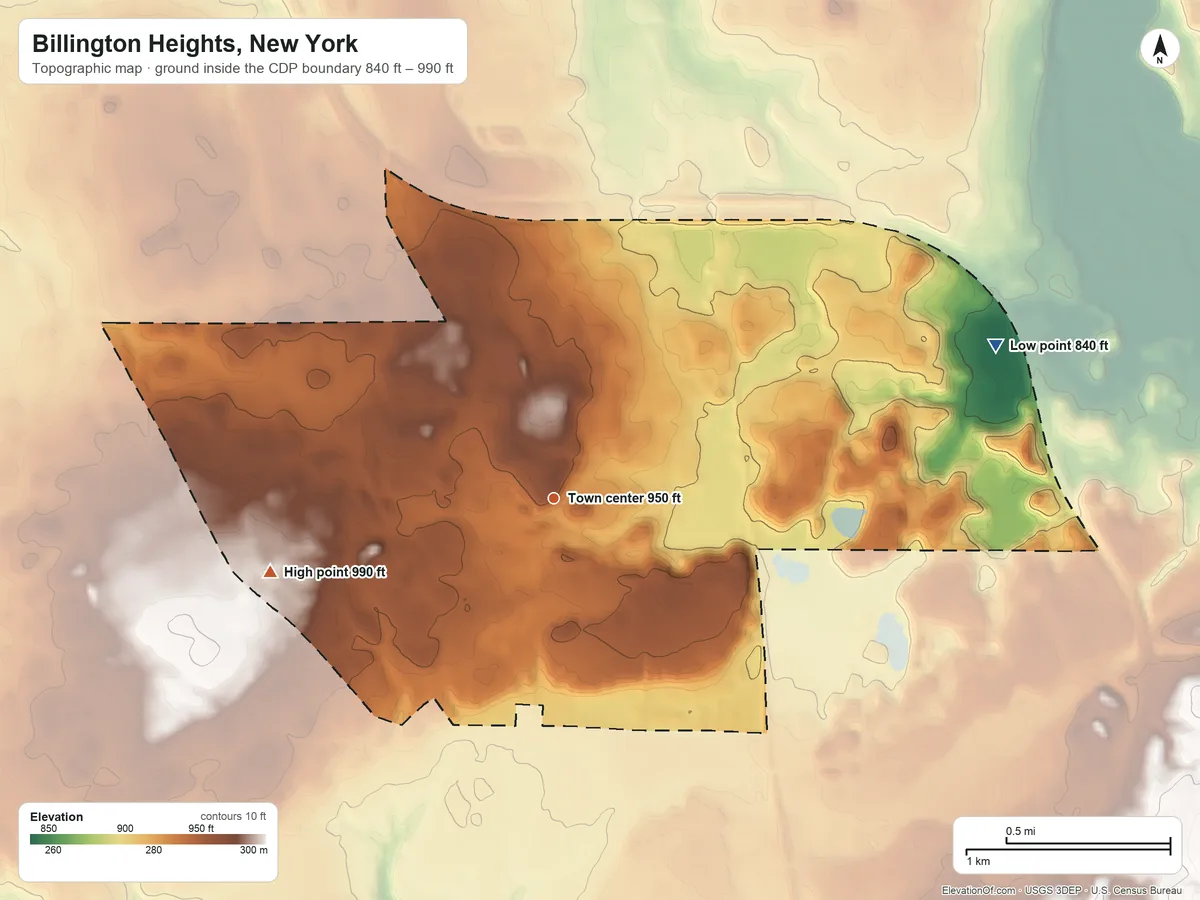 Topographic elevation map of Billington Heights, New York, shaded from 840 ft on the east side to 990 ft on the west side