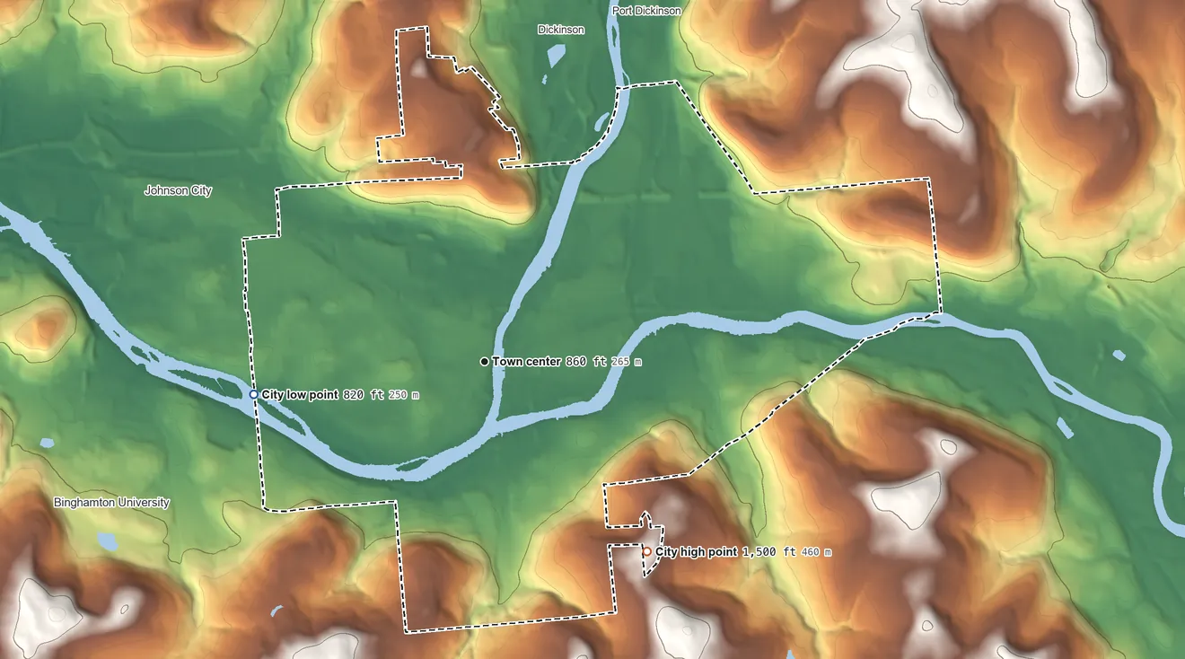 Topographic elevation map of Binghamton, New York, shaded from 820 ft on the west side to 1,500 ft on the southeast side