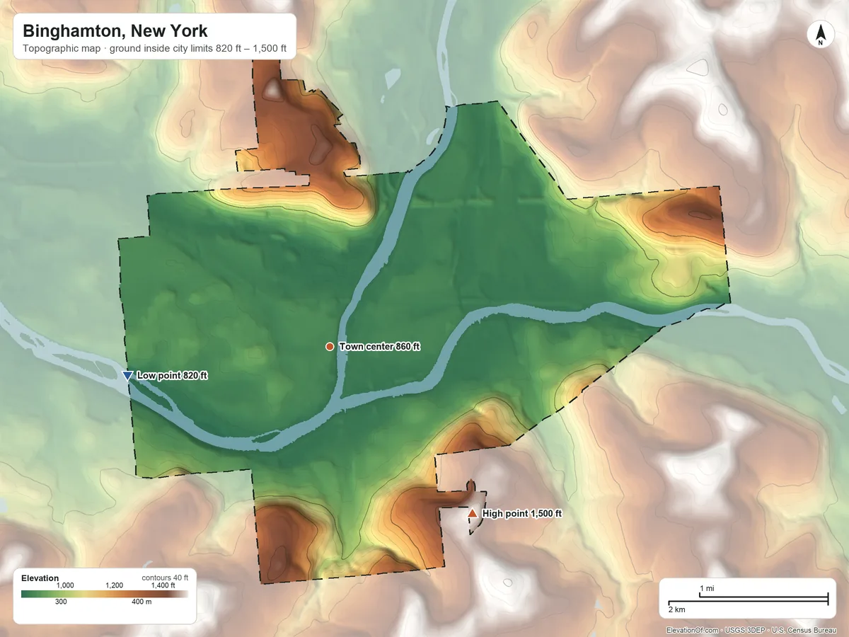 Topographic elevation map of Binghamton, New York, shaded from 820 ft on the west side to 1,500 ft on the southeast side