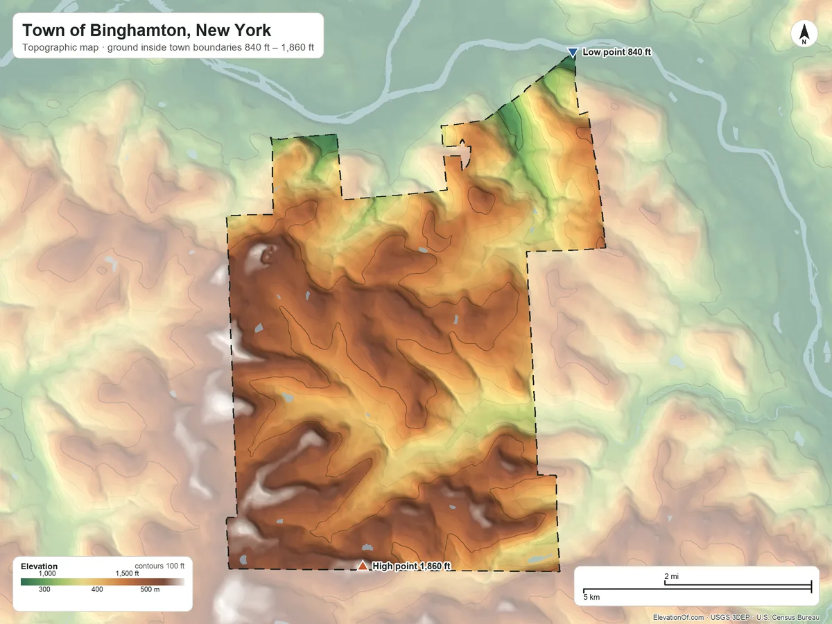 Topographic elevation map of Town of Binghamton, New York, shaded from 840 ft on the northeast side to 1,860 ft on the south side
