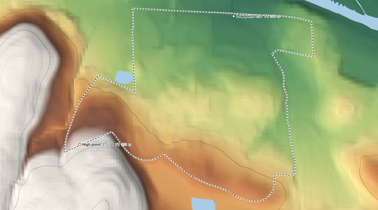 Topographic elevation map of Binghamton University, New York, shaded from 850 ft on the north side to 1,170 ft on the west edge, below higher ground just outside