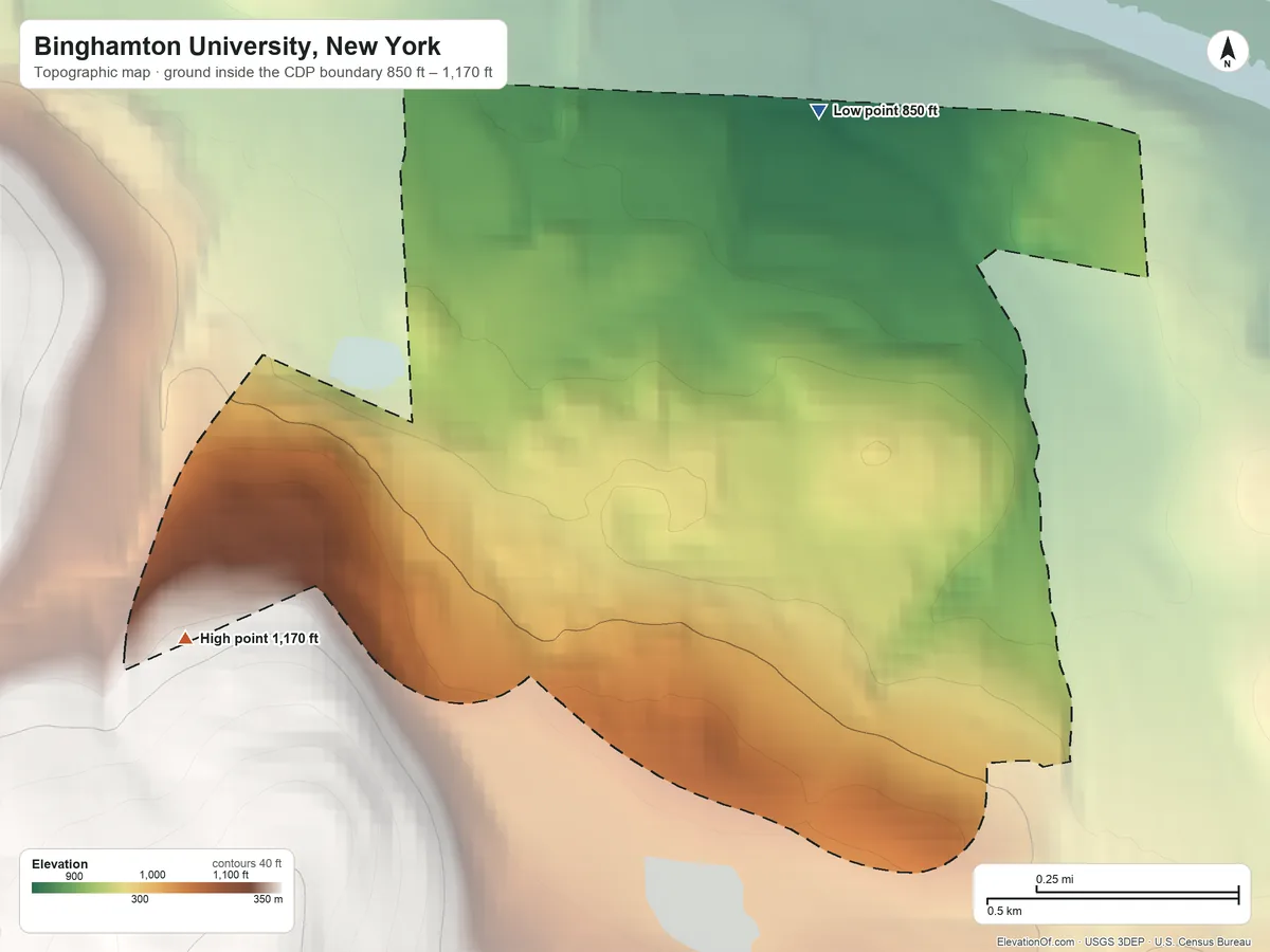 Topographic elevation map of Binghamton University, New York, shaded from 850 ft on the north side to 1,170 ft on the west edge, below higher ground just outside